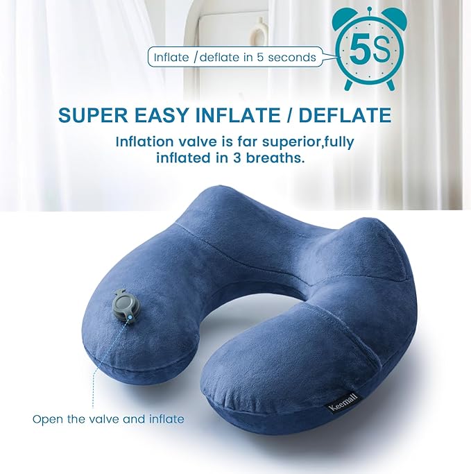 Keemall Inflatable Neck Pillow Airplane, Comfortable Inflatable Travel Neck Pillows for Airplanes Traveling on Plane, Soft Plush Cover Head Neck Rest Sleeping Long Flight for Car Train Office Home