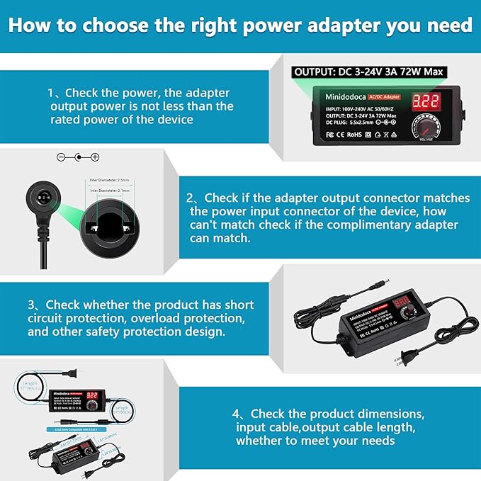72W Power Supply Adjustable 3V ~ 24V Variable Universal Switching AC/DC Adapter Minidodoca AC to DC Converter with LED Voltage Display and 16 Tips, for 3V to 24V Household Electronics - 3000mA Max