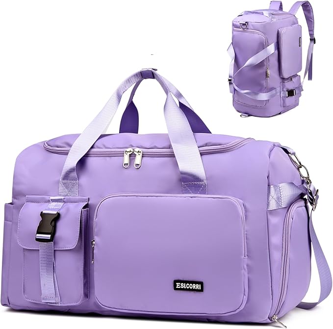 Eslcorri Gym Duffle Bag for Women Men, Sports Backpack with Wet & Shoe Compartment, Fitness Overnight Weekender Bag for Yoga, Swim, Travel (Style B, Light Purple)