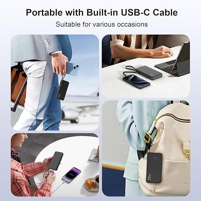 JUOVI 25w Portable Charger 10000mAh Power Bank with Built-in USB C Cable, Battery Pack Charger Portable LED Display Tavel Essential Phone Charger Compatible with iPhone 17/16/15 Series, Samsung, iPad