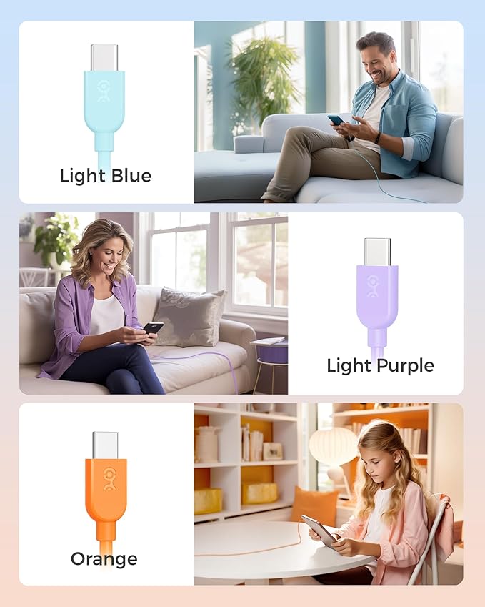 Cable Matters 3-Pack USB A to USB C Cable 6ft in Orange, Blue, Purple, Support Apple CarPlay, Android Auto, USBA to USBC Charging Cable for iPhone 16/15 Pro Max Plus, Galaxy S23