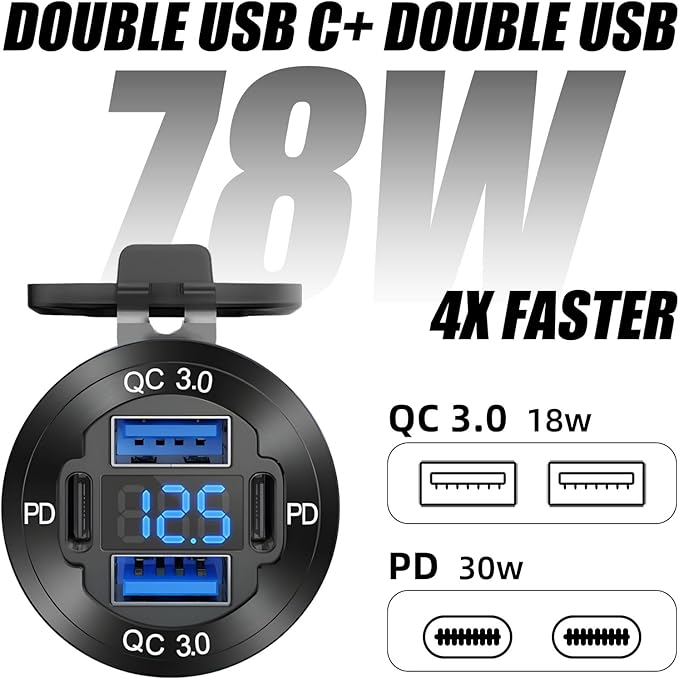 Upgraded 4 Port 12V USB Outlet, 78W Dual PD & QC Aluminum Alloy USB Ports with LED Voltmeter Waterproof for Cars, Cigarette Lighter Replacement 12V Socket for Boats RV Trucks and Motorcycles