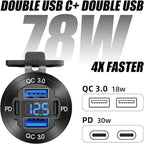 Upgraded 4 Port 12V USB Outlet, 78W Dual PD & QC Aluminum Alloy USB Ports with LED Voltmeter Waterproof for Cars, Cigarette Lighter Replacement 12V Socket for Boats RV Trucks and Motorcycles