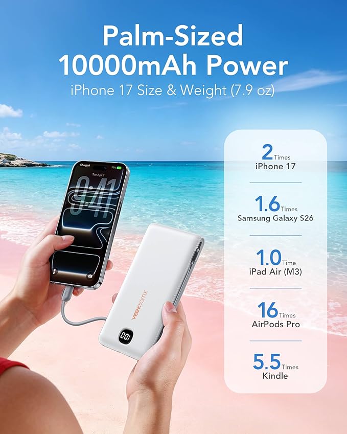VEEKTOMX Portable Charger with Built in Cables 10000mAh, Power Bank for iPhone with AC Wall Plug, Fast Charging USB C Slim Battery Pack with LED Display Compatible with iPhone 17/16/15/14, Samsung