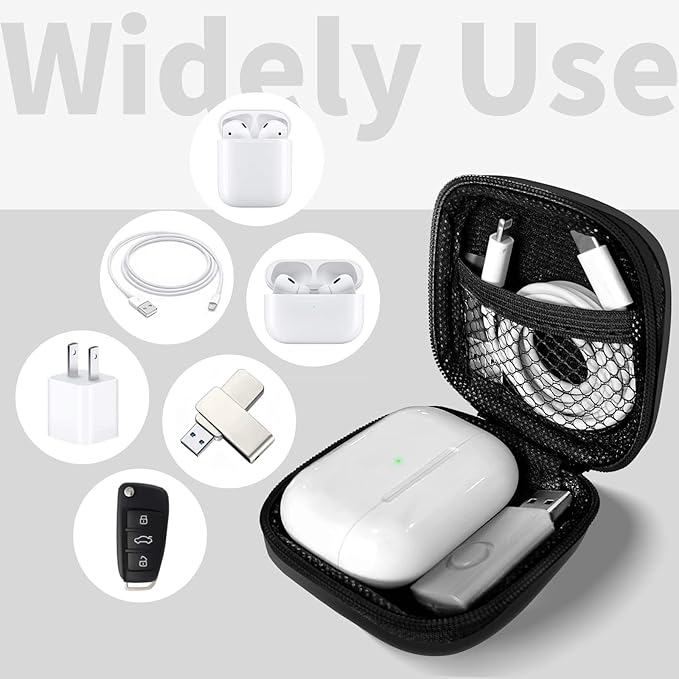 Square Earbud Case Portable EVA Carrying Case Storage Bag Tech Pouch Cell Phone Accessories Organizer with Carabiner for Earphone, Earbud, Earpieces, SD Memory Card, Camera Chips, Black