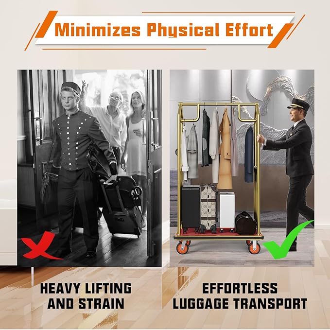 Gold Hotel Luggage Cart,42"x24" Bellman Cart with Baffle Guardrail and 6In Caster Weight Capacity Up to 850LBS Provide Convenience to Guest Gold Finished Hotel Cart Add Elegance to Hotel&Resort