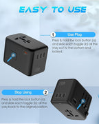 Universal Travel Adapter 120W GaN Fast Charger, 4 USB C 1 USB-A & 2500W AC Outlet, International Power Adapter for Europe UK US 200+ Countries, Compatible for MacBook iPhone iPads Laptop Phone