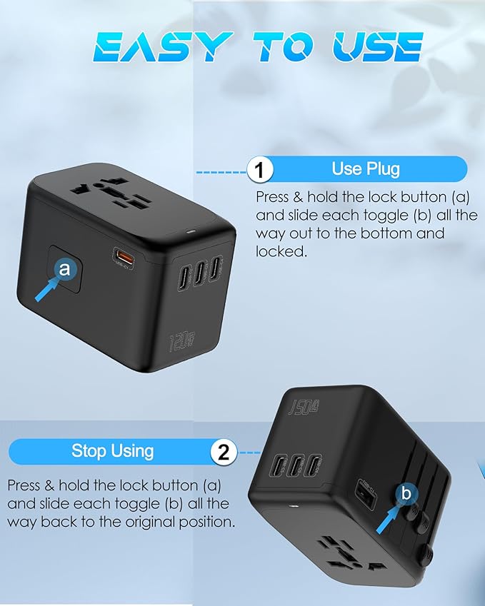 Universal Travel Adapter 120W GaN Fast Charger, 4 USB C 1 USB-A & 2500W AC Outlet, International Power Adapter for Europe UK US 200+ Countries, Compatible for MacBook iPhone iPads Laptop Phone