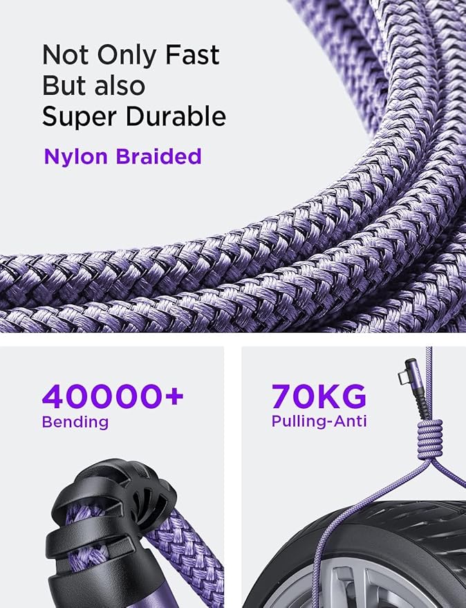 AINOPE 240W Long USB C Cable Multi 4 in 1 Charging Cable Fast Charging C Type Charger Fast Charge USB to USB C,Right Angle Fit iPhone 16 15 Pro Max iPad Samsung 10FT Purple