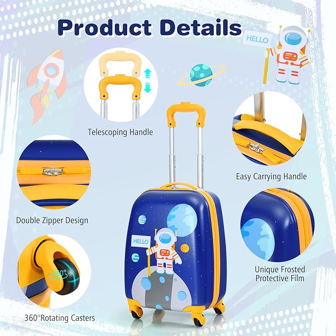 BABY JOY 2 Pieces Kids Luggage Set, 16" Toddlers Carry-on Suitcase & 12” Backpack Set, Children Travelling Case w/ 4 Casters & Retractable Handle, Lightweight Trolley Case for Boys & Girls (Astronaut)
