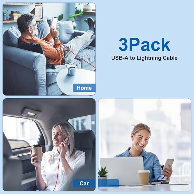 CyvenSmart (3 Pack) Long iPhone Charger 10 Ft for [Apple MFi Certified], 10 Foot USB A to Lightning Cable Fast Charging Cord 10 Feet for iPhone 14/13/12/11/XS/XR/X/8/7/6/5/SE Plus Pro Max Mini -Red