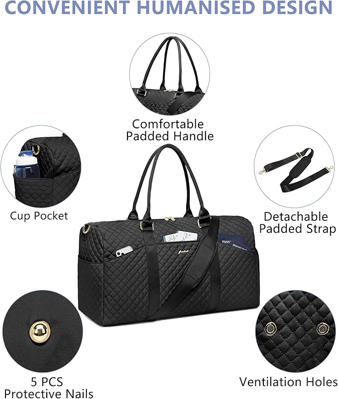 FOCDOD Travel Duffle Bag for Women - Weekender Bags with Shoe Compartment Large Carry on Overnight Tote Bag with Toiletry Bag Traveling Yoga Gym Bags with Wet Pocket Mommy Hospital Bag Black