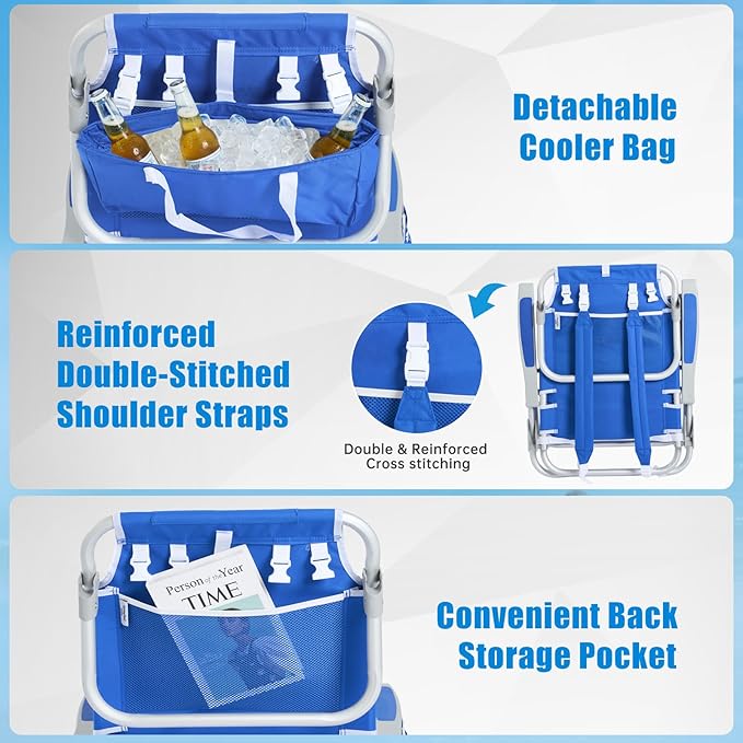 SUNNYFEEL Low Beach Chair, 5-Position Lay Flat Reclining, Backpack Portable Folding Chair with Cooler Bag & Cup Holder, Heavy Duty 350 LBS, Compact for Beach, Camping, Travel (New Blue)