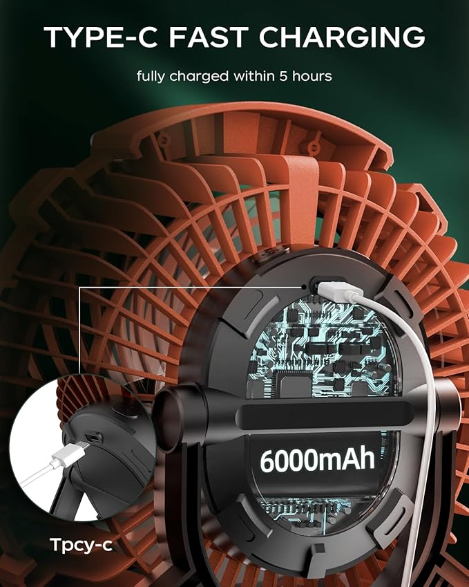 ASNUG Camping Fan with LED Lantern, 6000mAh Battery Operated Rechargeable Fan, 3 Speeds,180° Rotation, Portable Desk Fan with Hanging Hook, Tent Fan for Travel Camping Outdoor Fishing