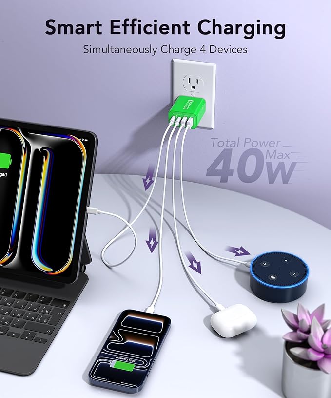 [2-Pack] 40W USB C Charger Block, 4-Port Type C Fast Charging Brick Dual PD&QC Wall Plug Adapter Power Brick for iPhone 13/14//15/16/17 Pro Max Plus/iPad/Airpods/iwatch/Samsung Galaxy (Green)