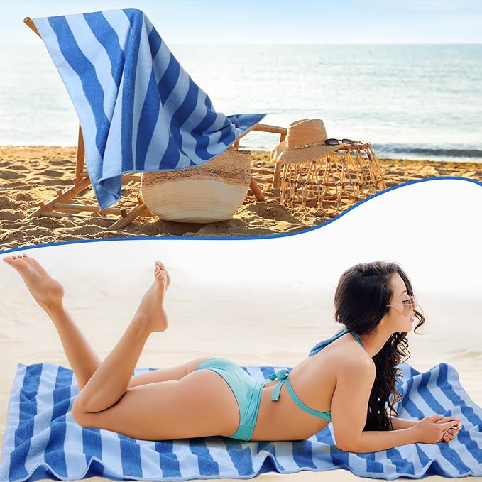 Redbaker 16 Packs 72 x 36 Inches Oversized Vertical Stripe Beach Towel Bulk Extra Large Pool Towels Set Microfiber Quick Dry Swim Towel Blanket for Women Men Adult Bath Travel(Blue)