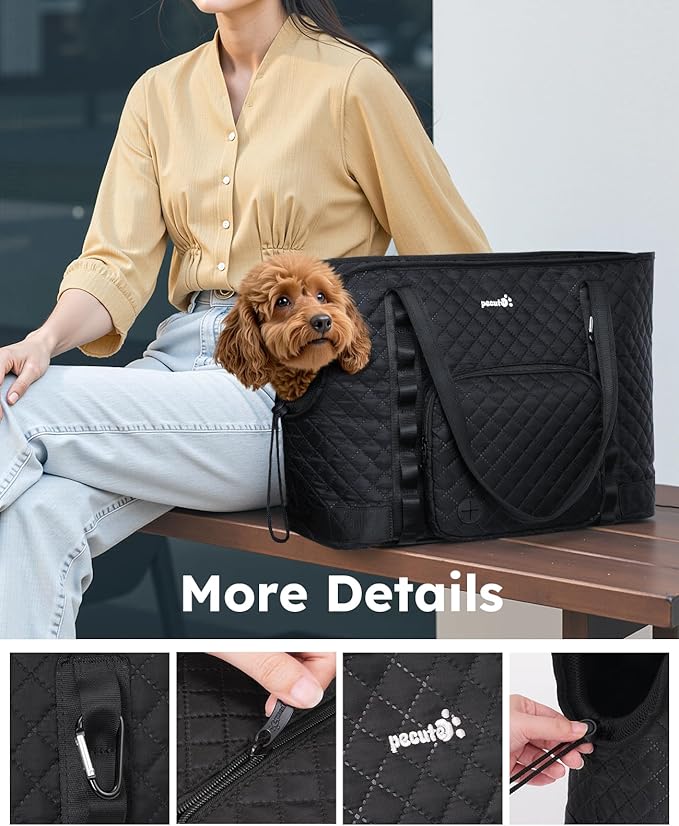 Pecute Dog Purse Carrier, Dog Carrier with Pockets for Small Dogs, Fits Dogs 8.8 lbs to 13 lbs, Cat and Puppies Tote Bag, Outing, Travel, Vet, XL,16.9" L x 7.9" W x 13.8" H, Black