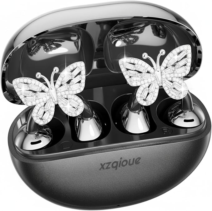 Jewelry-Inspired Clip On Earbuds,Comfortable Fit Open Ear Clip-On Headphones,Wireless Bluetooth Ear Cuff Headphones for Women,Earrings Earbuds for Running,Office,Sport&Gift (Butterfly - Black)