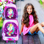 2PCS Girls Suitcase Set, 18" Kids Unicorn Carry on Luggage with Wheels, Cute Sequin Children Travel Rolling with 12" Toddler Backpack(Purple)