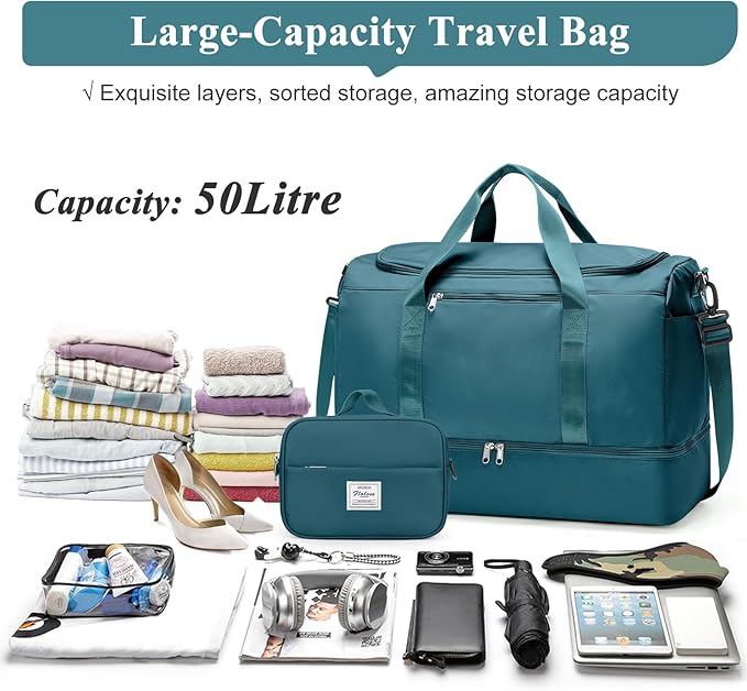 Large Travel Duffle Bag,Carry on Overnight Weekend Bag with Shoes Compartment,Weekender Bags for Women for Travel Business Trips Sport Hospital,2Pcs,Peacock Blue