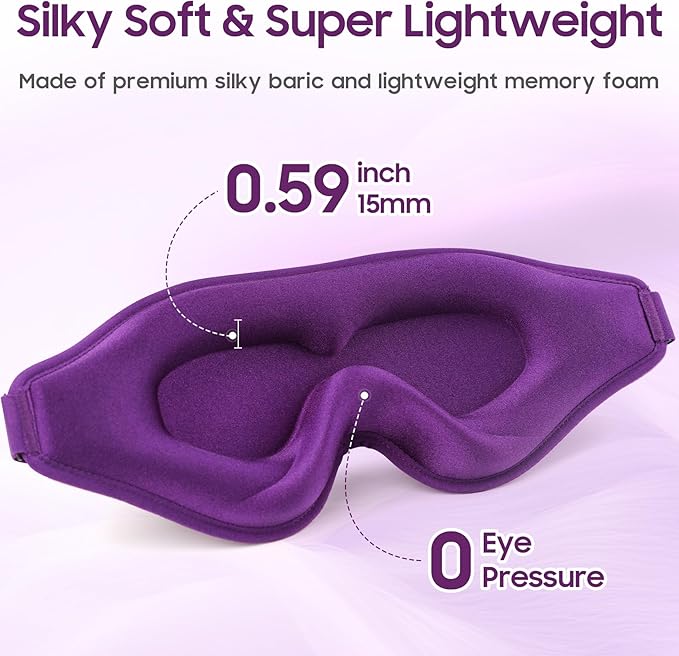 Sleep Mask - Total Blackout 3D Sleeping Mask, Super Lightweight & Silky Soft Eye Mask for Sleeping, Fully Adjustable Fit for Home, Traveling, Meditation, Yoga, Purple, Mothers Day Gifts