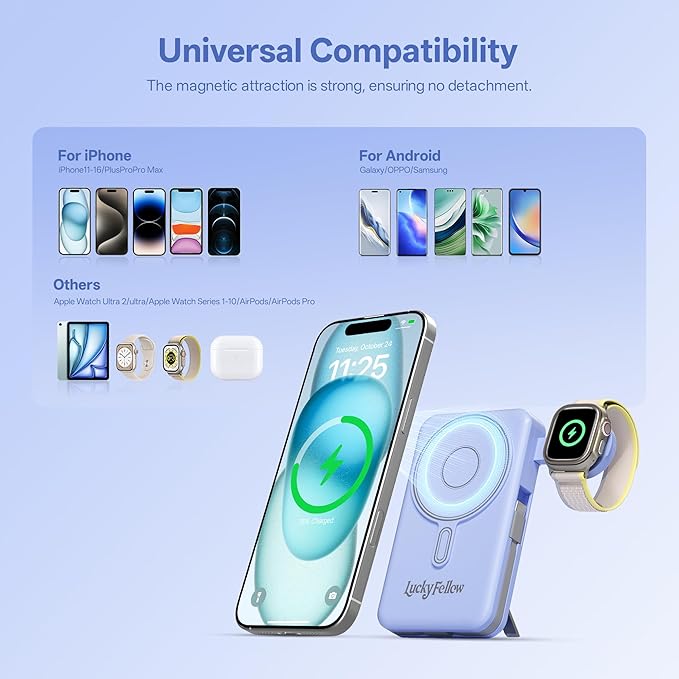 Magnetic Portable Charger Built-in Cables,10000mAh Fast Charging Wireless Charger Station External Battery Pack Slim Pocket Size Power Bank with Stand Compatible with iWatch, iPhone