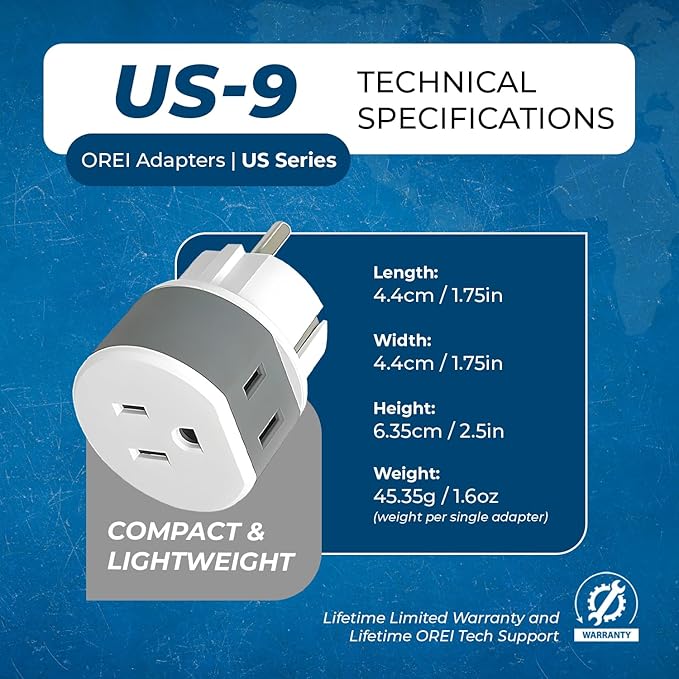OREI Germany, France, Schuko Power Plug Adapter with 2 USA Inputs - Travel 3 Pack- Type E/F (US-9) Safe Grounded Use with Cell Phones, Laptop, Camera Chargers, CPAP, and More