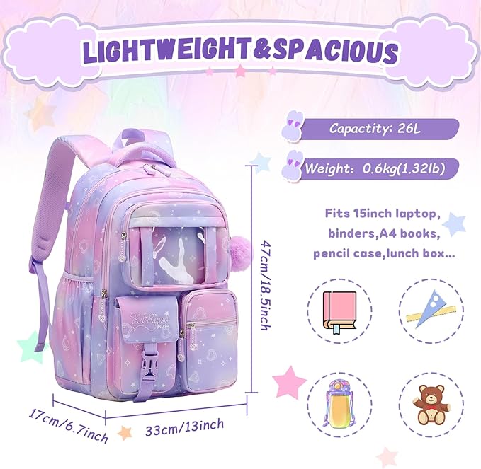 PIG PIG GIRL Kids Backpack for Girls - School Bags for Middle School Students - Book Bag for Elementary Primary - Kawaii Ita Backpack - Purple