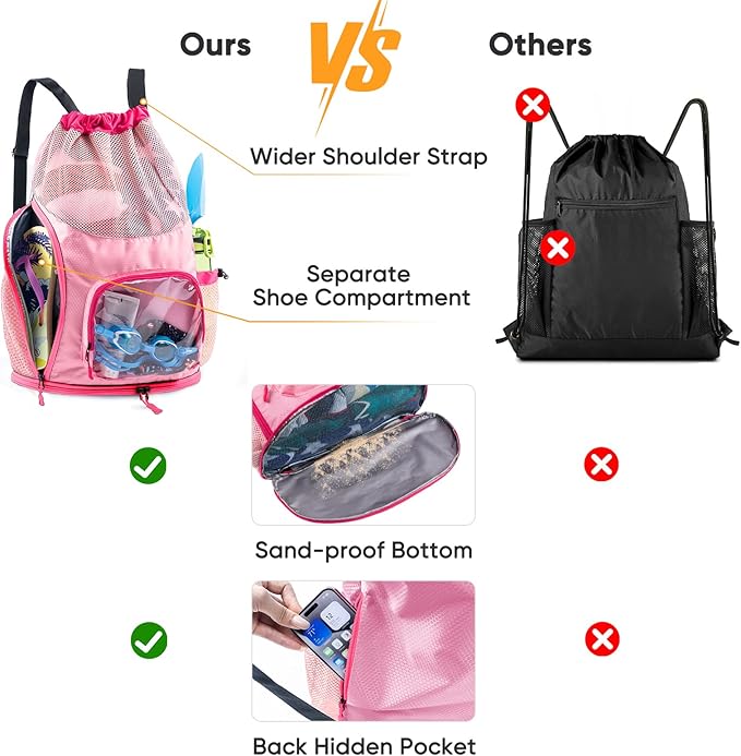 Mesh Drawstring Backpack with Shoe Compartment, Sandproof Beach Swim Bag with Wet Pocket, Pool Gym Shower Bag for Travel Summer Camp