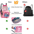 Mesh Drawstring Backpack with Shoe Compartment, Sandproof Beach Swim Bag with Wet Pocket, Pool Gym Shower Bag for Travel Summer Camp