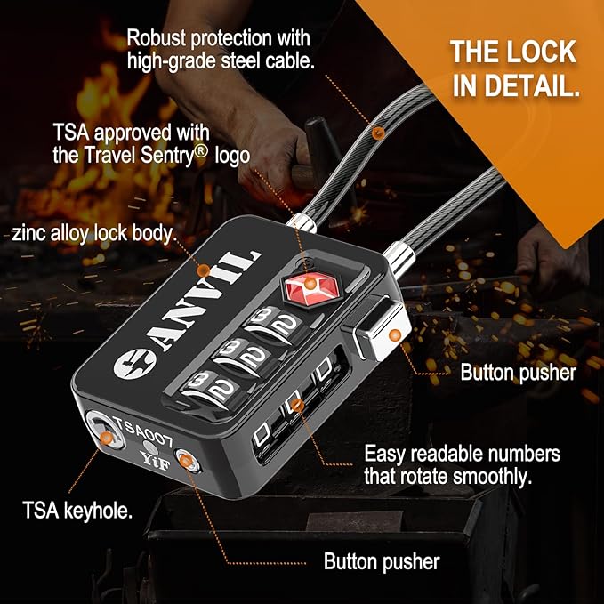 ANVIL TSA Locks for Luggage with Search Alert: Durable Cable Combination Locks, TSA Approved - Secure Travel Locks for Suitcases, Backpacks & Gun Cases (4 Colors)