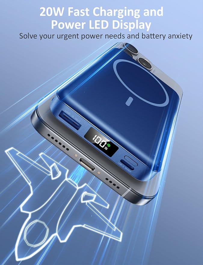 Magnetic Portable Charger, 10000mAh Power Bank, 5 in 1 Portable Charger with Built in Cable, 20W Fast Charging for Magsafe Battery Pack Compatible with iPhone 17/16/15/14/13/12 Pro/Pro Max-DarkBlue