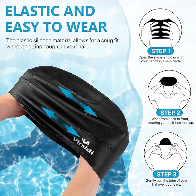 Swim Cap for Long Hair, Silicone Swimming Cap for Adult Women Men with 3D Ear Protection, Waterproof Large Swim Hats Bathing Caps to Keep Hair Dry with Ear Plugs Nose Clip