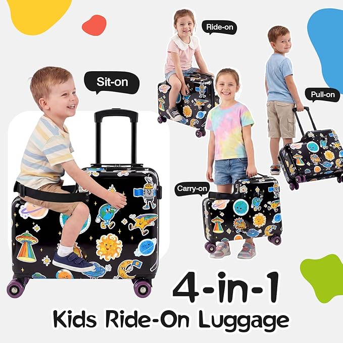 smilesun 20" Ride-On Suitcase for Kids, Cute Pattern, Lightweight Hardshell Carry-On Luggage with Double Spinner Wheels, TSA Lock for Boys & Girls（Black）