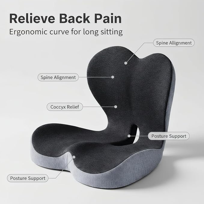 Memory Foam Seat Cushion for Office Chair & Car Seat, Ergonomic Coccyx Cushion for Pressure Relief & Back Support, Non-Slip Comfort Cushion for Driving, Wheelchair, Desk Chair, Home & Travel