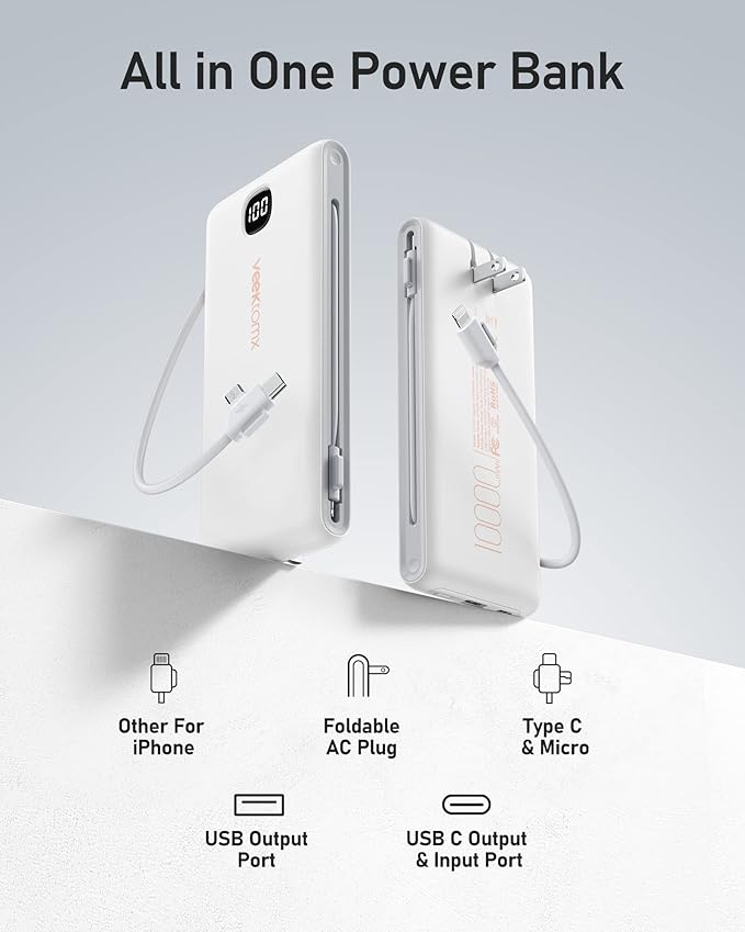 Portable Charger for iPhone Built in Cables and Wall Plug 10000mAh, Power Bank for Phone, USB C Slim Battery Pack with LED Display Compatible with iPhone 17/16/15/14, Samsung