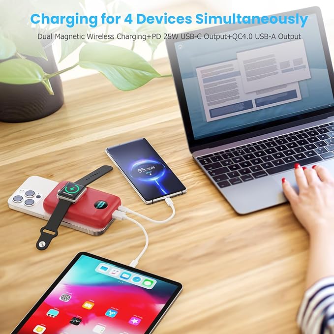 Pxwaxpy Magnetic Portable Charger 10800mAh,4-in-1 Power Bank with iWatch Charger, 25W PD Fast Charging USB C Battery Pack for Magsafe,iPhone 17/16/15/14/13/12 Series,Apple Watch (Red)