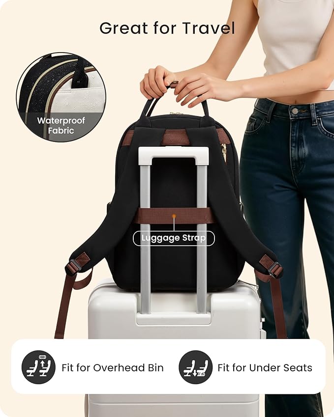 LOVEVOOK Laptop Backpack for Women with Giant Tumbler Holder Pocket, 18 inch Large Travel Work Backpack Purse for Teacher Nurse, Waterproof College Book Bag Cute Casual Daypack, Beige-Black-Brown