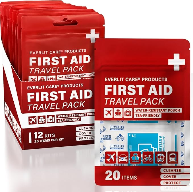 EVERLIT CARE Travel Bandage Pack | 12 Individual Packets, Bulk Portable Mini First Aid Kit with 20 On-the-Go Essentials | Compact Water-Resistant Reusable Pouch to Clean, Cover & Protect