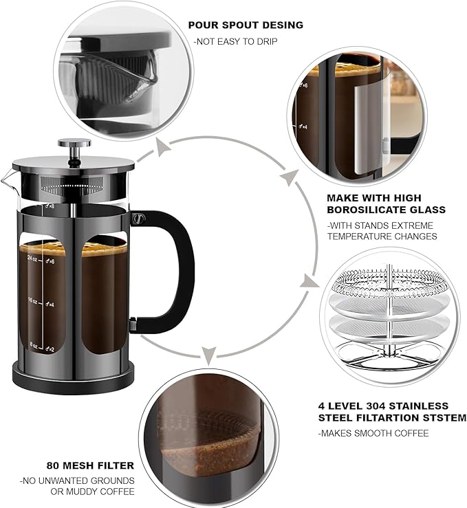 YMMIND French Press Coffee Maker (34oz 1Quart 5-6Cup) Coffee Press, with 4 Filters System, Heat Resistant Thickness Borosilicate Glass, Cold Brew Coffee Tea Pot Gifts (Bright Black)