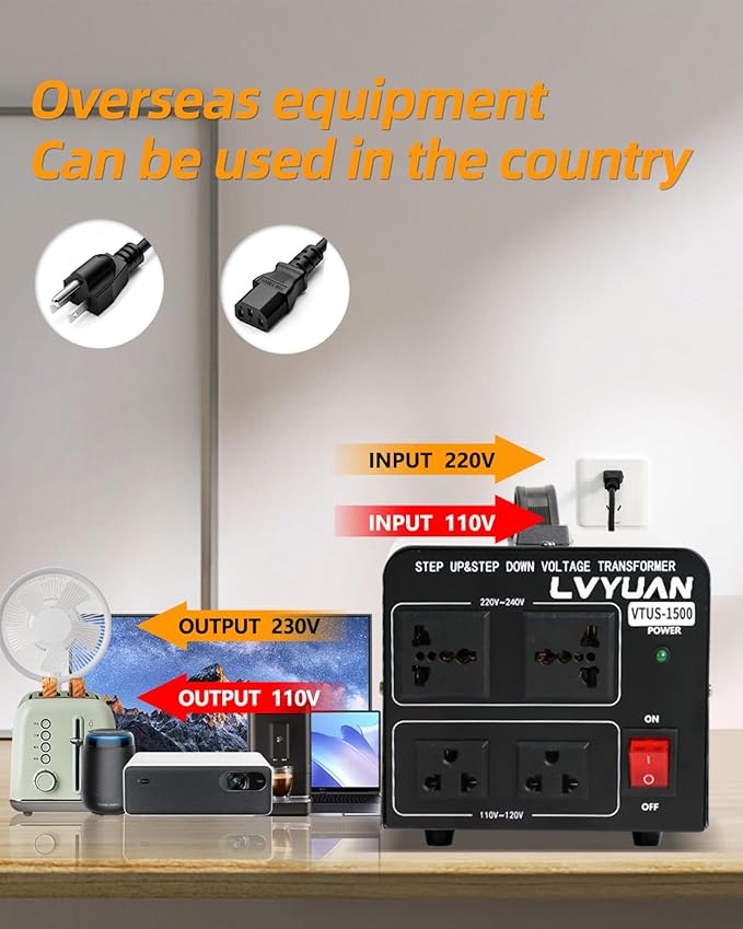 LVYUAN Voltage Converter Transformer 1500 Watt Step Up/Down Convert from 110V-120V to 220V-240Vt and from 220V-240V to 110V-120V with 2 US outlets, 2 Universal outlets, Resettable Circuit Breaker