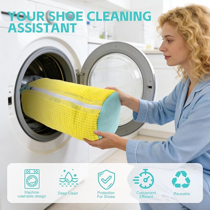Shoe Washing Machine Bag 4pcs Reusable Sneaker Washing Bag with Built-in Fluffy Brushes for 360° All-Around Cleaning. Laundry Shoe Bag is Designed for Washer and Dryer （Yellow 4pcs）