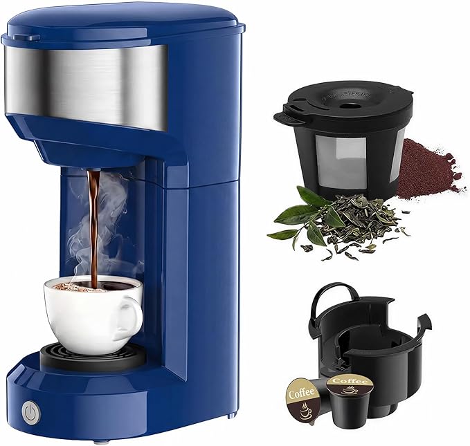 Single Serve Coffee Maker, 2 in 1 Brewer for K Pod & Ground Coffee, 90s Rapid Brew 6 to 14oz Capacities with Auto Shut Off, Small Compact Design for Home Office Travel Camping (Dark Blue)