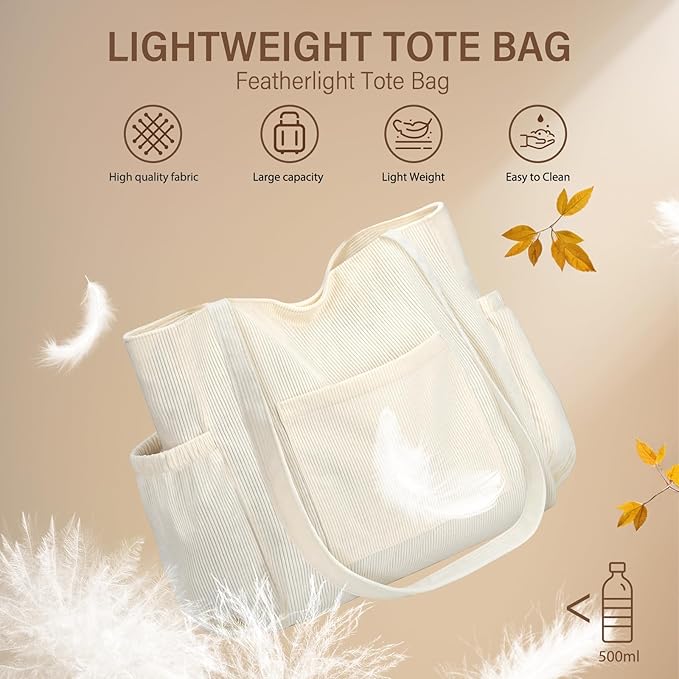 Corduroy Tote Bag for Women,Large Capacity Cute Tote Bags With 6 Pockets,Crossbody Shoulder Handbag for Work Travel Gym