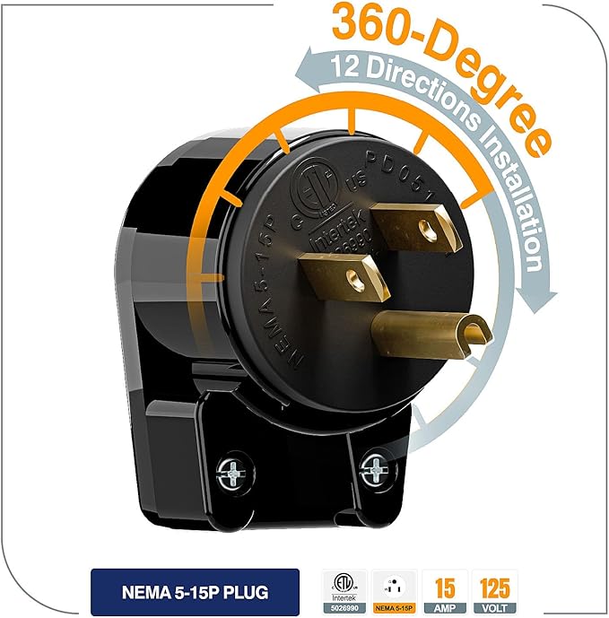 ETL Listed 90 Degree USA Canada Male Plug Nema 5-15P 3 Pole Angle DIY, 15A 125V USA 3Pin Right Angle AC , Nema 5-15P Angled Rewireable AC