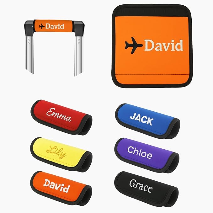6 Pack Personalized Luggage Handle Wrap with Embroidered Name Custom Soft Grip Handle Cover for Suitcase, Travel Bag Machine Washable Luggage Identifier for Airplane, Cruise, Road Trip