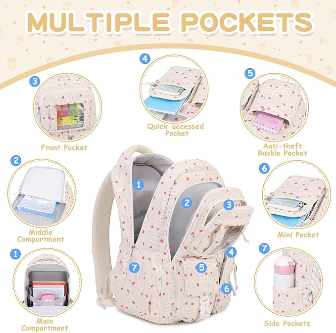 PIG PIG GIRL Corduroy Backpack Kids Backpack for Girls School Bags for Middle School Students Book Bag for Elementary Primary Kawaii Ita Backpack, Beige Strawberry
