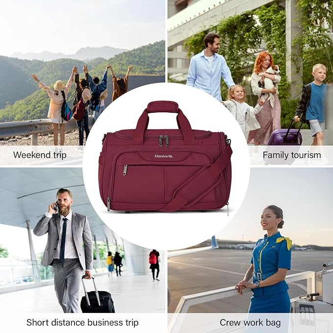 Hanke Small Travel Duffel Bag, Under Seat Carry On Personal Item Bag with 11 Pockets, Lightweight Water Resistant Foldable Weekender Bag with Trolley Sleeve for Travel Gym Daily Use（Burgundy）