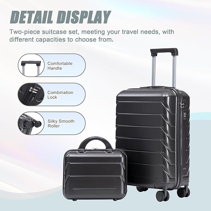 Kids Luggage Sets for Girls, 2 Piece Luggage Set, 20 Inch Rotating Wheel Suitcase with 14 Inch Cosmetic Case, Lightweight Hardshell Suitcase with 360° Spinner Wheels for Travel (Gray)