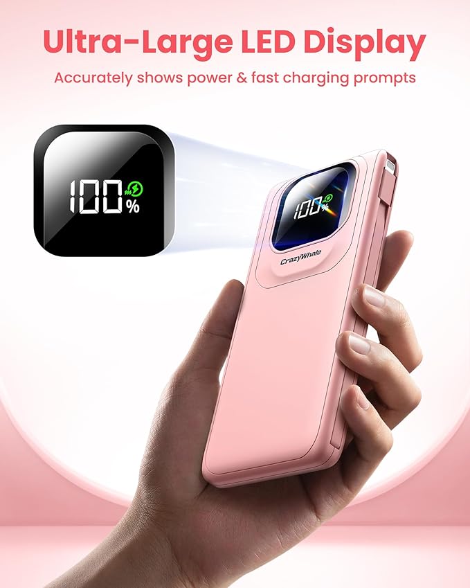 Portable Charger with Built-in Cables,22.5W Super Fast Charging Power Bank Slim Phone Charger,10000mAh Travel Battery Pack Battery Bank with Smart LED Display for iPhone, Android & USB-C (Pink)